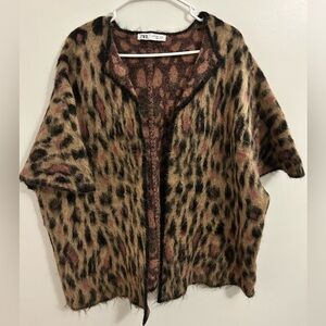 ZARA BROWN LIMITED EDITION ANIMAL PRINT ALPACA WOOL BLEND KNIT CAPE COAT SIZE M